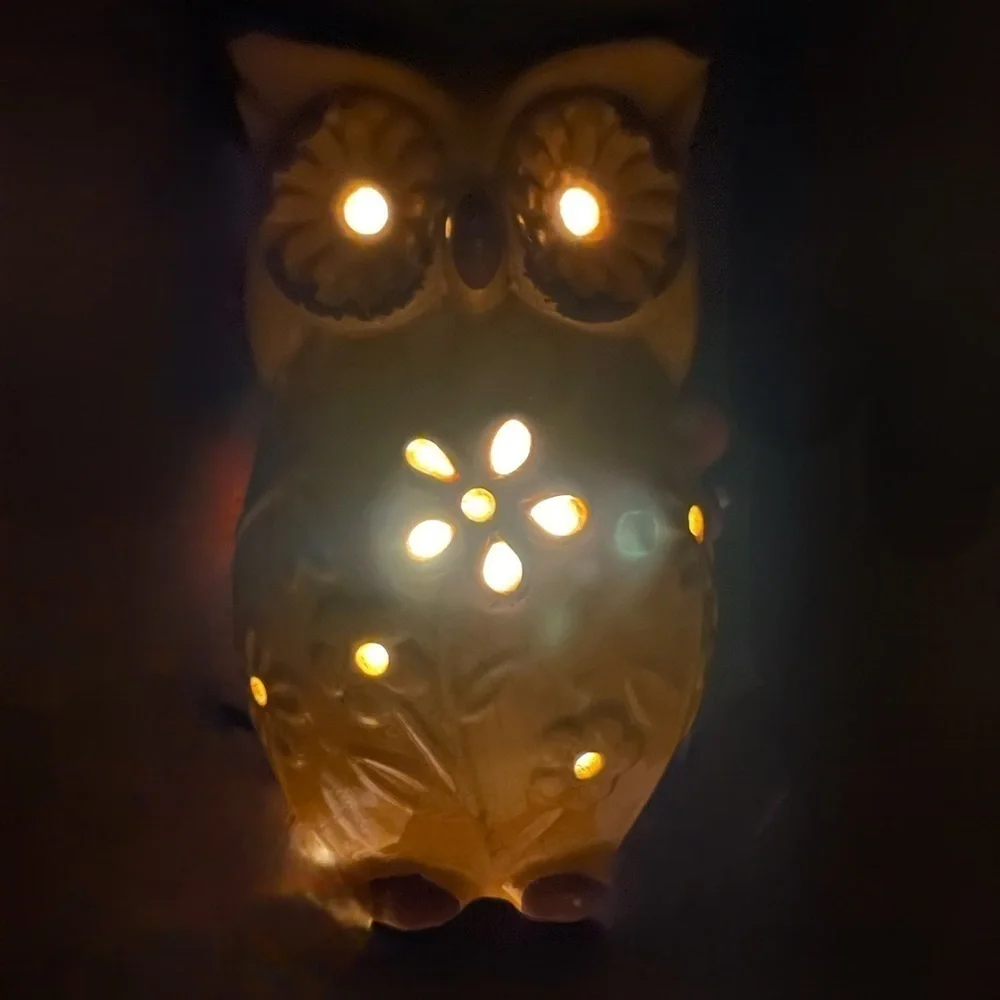 Ceramic Mustard Yellow Owl Floral Relief Luminary with LED Lights Home Decor